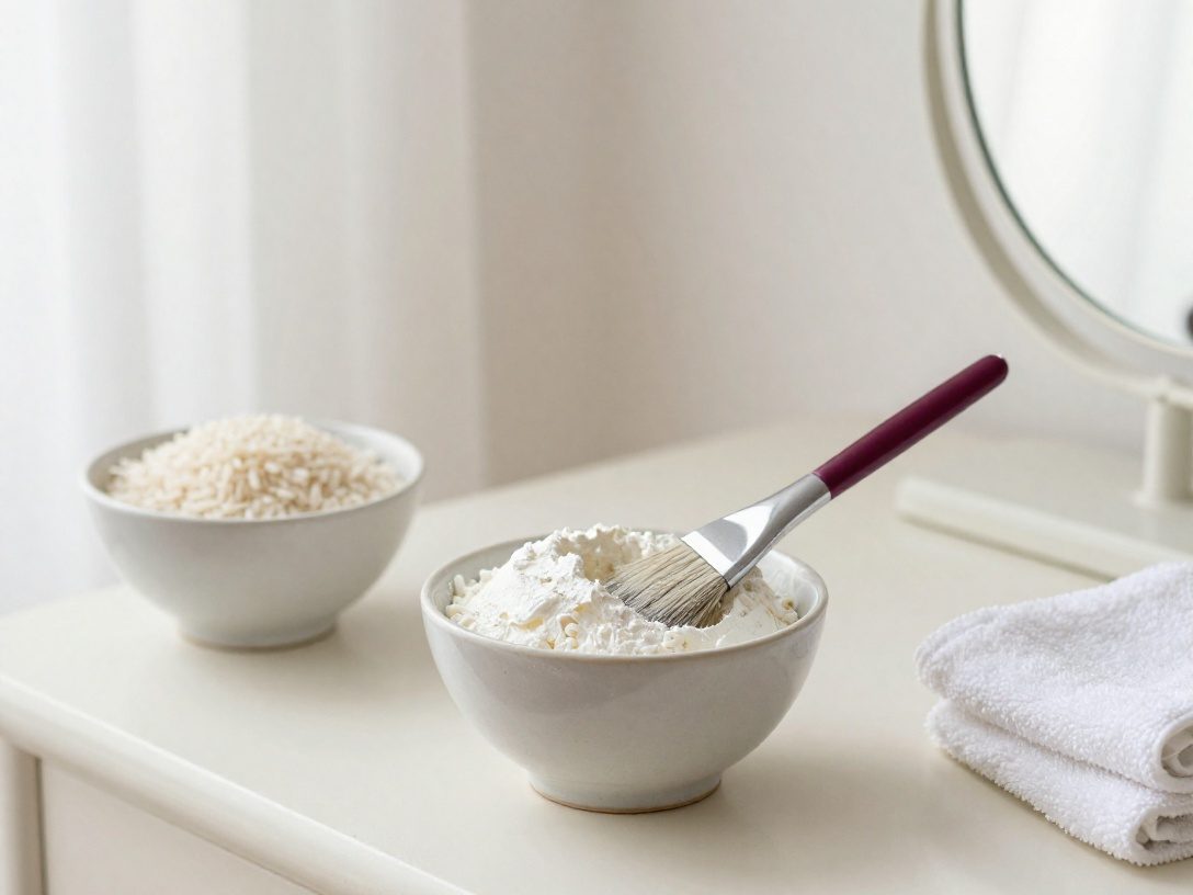 Tigela de máscara de arroz, arroz cru e toalha branca na penteadeira